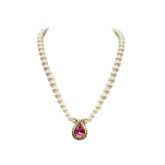 Signed Marvella Pearls Necklace with Pink Stone & Rhinestones Accents Gold Tone - Picture 1 of 12